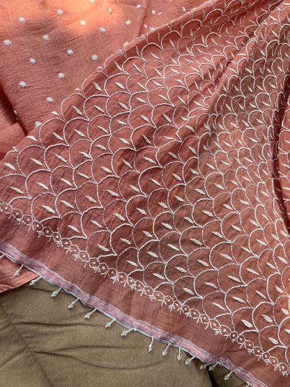 Mulmul Kurta Set with Hand Chikankari & Pearl Moti Work Heavy Jaal Dupatta (Set of 3) (Unstitched)