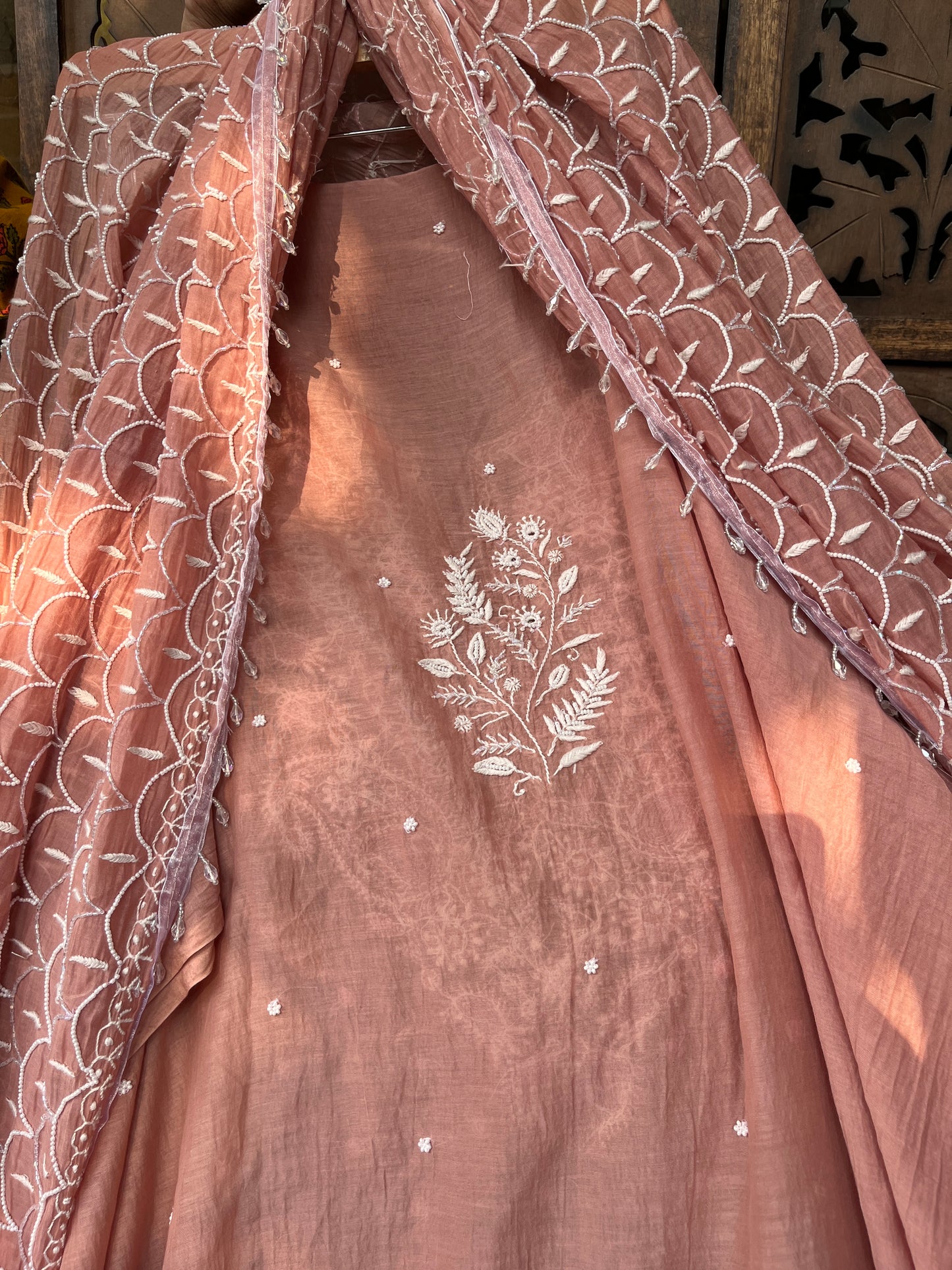 Mulmul Kurta Set with Hand Chikankari & Pearl Moti Work Heavy Jaal Dupatta (Set of 3) (Unstitched)