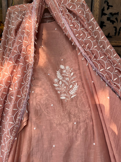 Mulmul Kurta Set with Hand Chikankari & Pearl Moti Work Heavy Jaal Dupatta (Set of 3) (Unstitched)