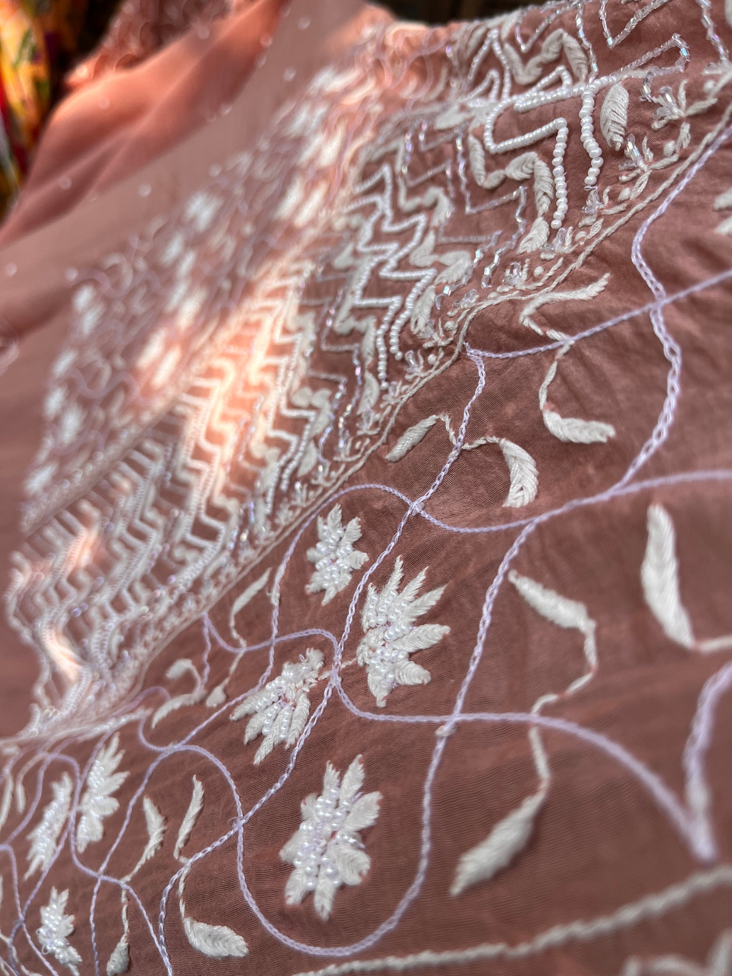 Mulmul Kurta Set with Hand Chikankari & Pearl Moti Work Heavy Jaal Dupatta (Set of 3) (Unstitched)