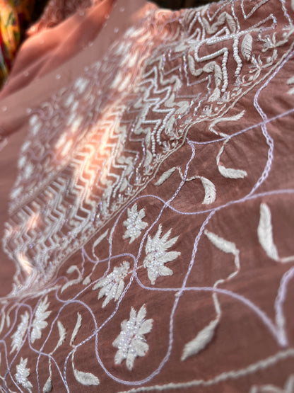 Mulmul Kurta Set with Hand Chikankari & Pearl Moti Work Heavy Jaal Dupatta (Set of 3) (Unstitched)