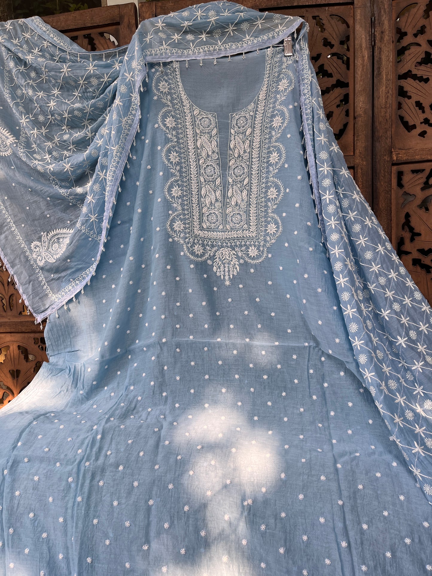 Mulmul Kurta Set with Hand Chikankari & Pearl Moti Work Heavy Jaal Dupatta (Set of 3) (Unstitched)