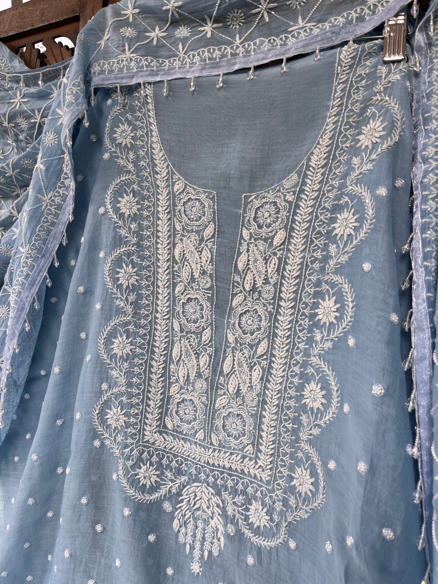 Mulmul Kurta Set with Hand Chikankari & Pearl Moti Work Heavy Jaal Dupatta (Set of 3) (Unstitched)