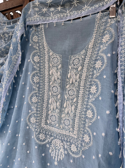 Mulmul Kurta Set with Hand Chikankari & Pearl Moti Work Heavy Jaal Dupatta (Set of 3) (Unstitched)