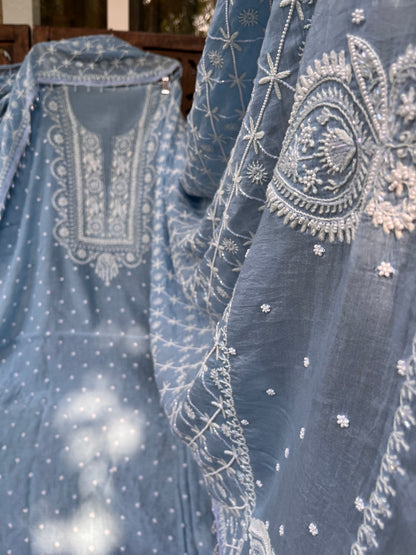 Mulmul Kurta Set with Hand Chikankari & Pearl Moti Work Heavy Jaal Dupatta (Set of 3) (Unstitched)
