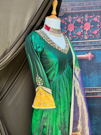 Vibrant Festive Green Silk Anarkali Set (Set of 3)