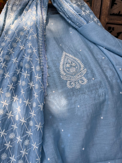 Mulmul Kurta Set with Hand Chikankari & Pearl Moti Work Heavy Jaal Dupatta (Set of 3) (Unstitched)