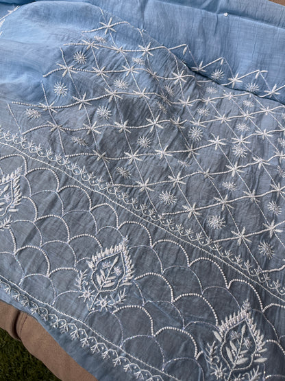 Mulmul Kurta Set with Hand Chikankari & Pearl Moti Work Heavy Jaal Dupatta (Set of 3) (Unstitched)