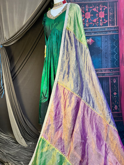 Vibrant Festive Green Silk Anarkali Set (Set of 3)