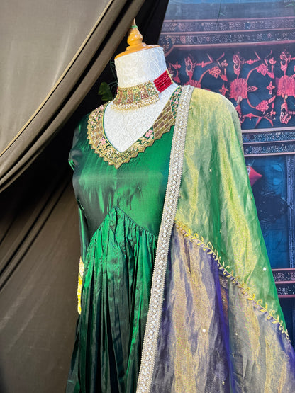 Vibrant Festive Green Silk Anarkali Set (Set of 3)