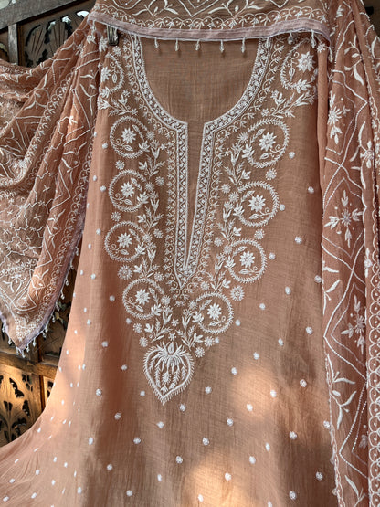 Mulmul Kurta Set with Hand Chikankari & Pearl Moti Work Heavy Jaal Dupatta (Set of 3) (Unstitched)