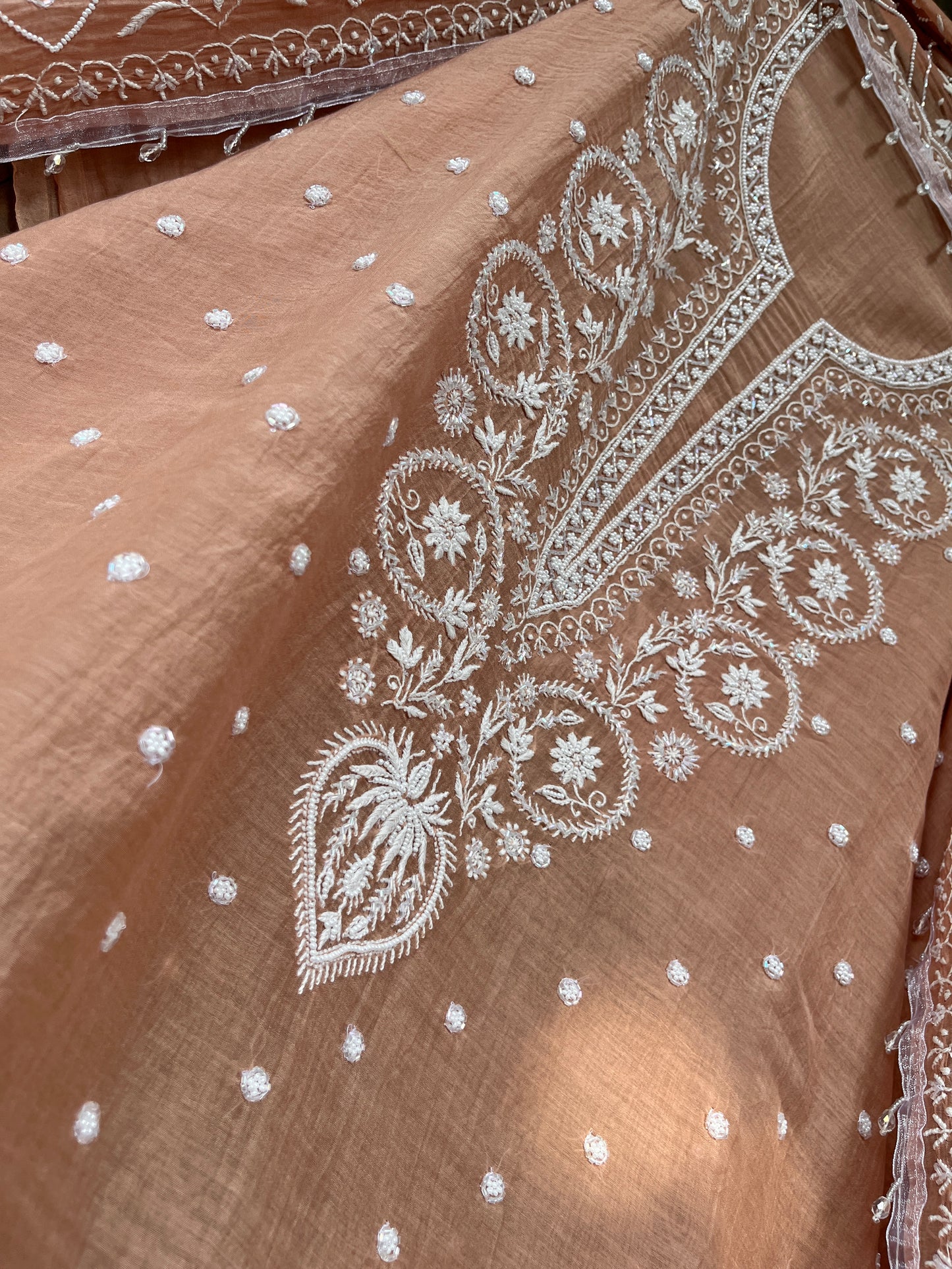 Mulmul Kurta Set with Hand Chikankari & Pearl Moti Work Heavy Jaal Dupatta (Set of 3) (Unstitched)