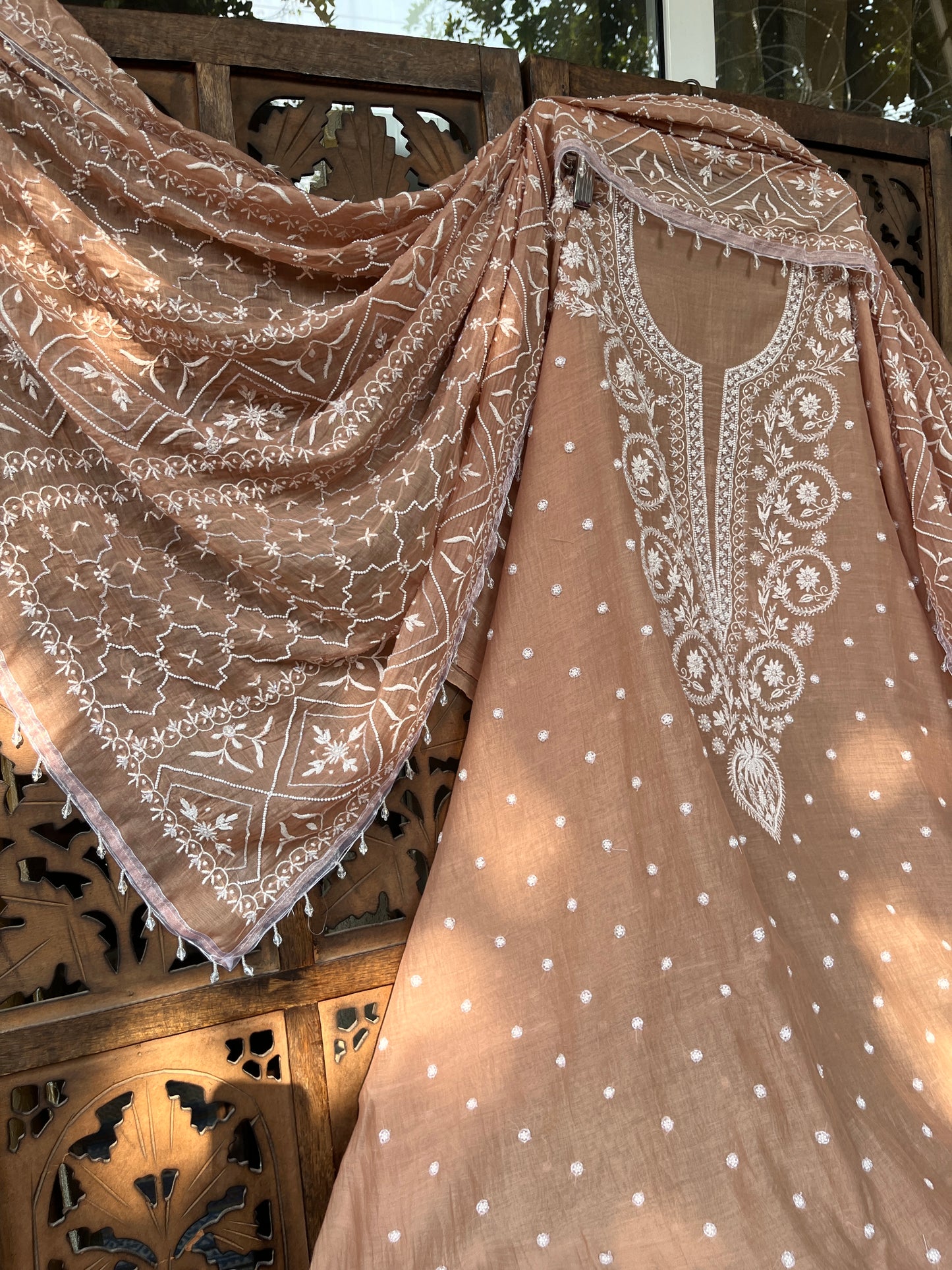 Mulmul Kurta Set with Hand Chikankari & Pearl Moti Work Heavy Jaal Dupatta (Set of 3) (Unstitched)