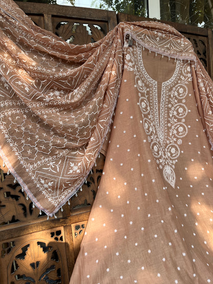 Mulmul Kurta Set with Hand Chikankari & Pearl Moti Work Heavy Jaal Dupatta (Set of 3) (Unstitched)