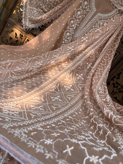Mulmul Kurta Set with Hand Chikankari & Pearl Moti Work Heavy Jaal Dupatta (Set of 3) (Unstitched)