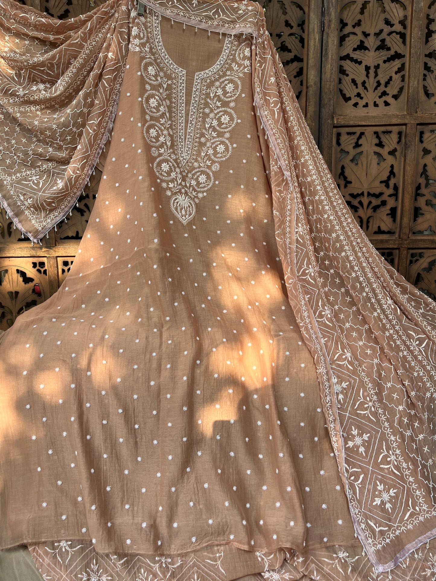Mulmul Kurta Set with Hand Chikankari & Pearl Moti Work Heavy Jaal Dupatta (Set of 3) (Unstitched)