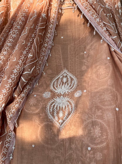 Mulmul Kurta Set with Hand Chikankari & Pearl Moti Work Heavy Jaal Dupatta (Set of 3) (Unstitched)