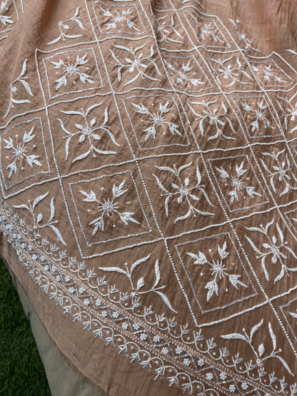 Mulmul Kurta Set with Hand Chikankari & Pearl Moti Work Heavy Jaal Dupatta (Set of 3) (Unstitched)