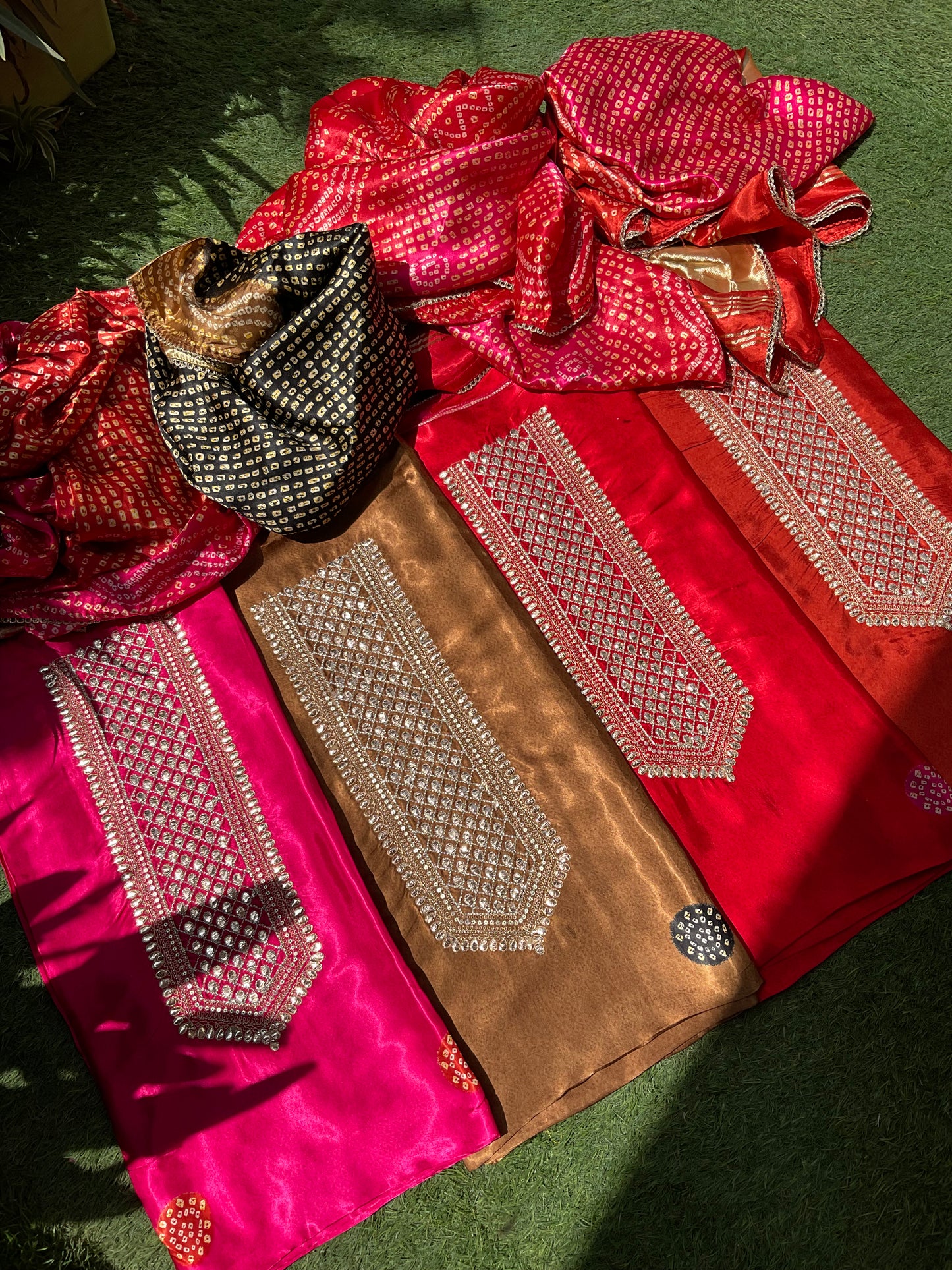 Modal Satin Suit Set with Ajrak Print & Gotta Work Neckline with Coordinated Dupatta (Set of 3) (Semi-Stitched)