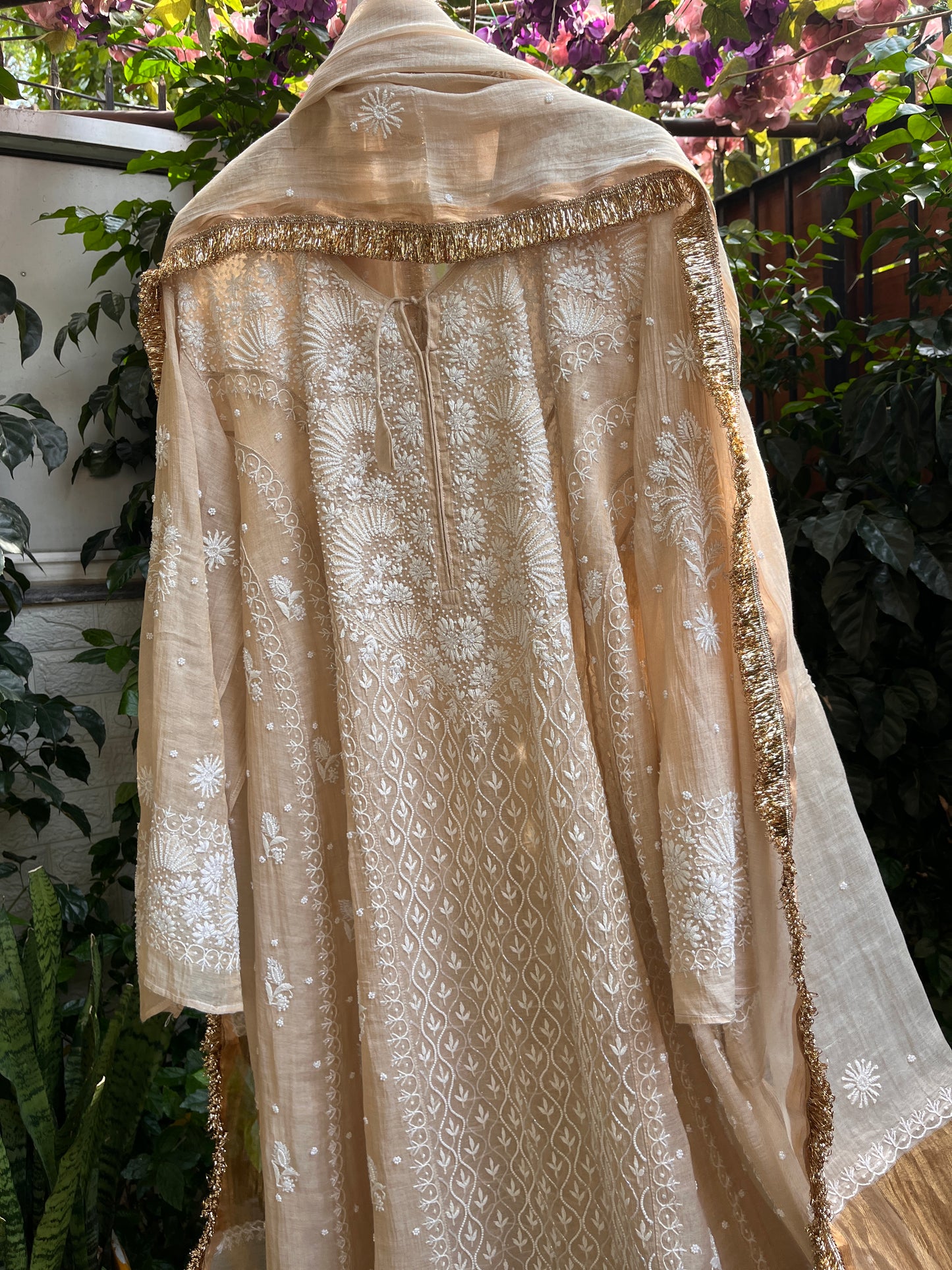 Golden Tissue Anarkali with Hand Chikankari & Embroidered Detailing with Tissue Dupatta (Set of 3) (Stitched)