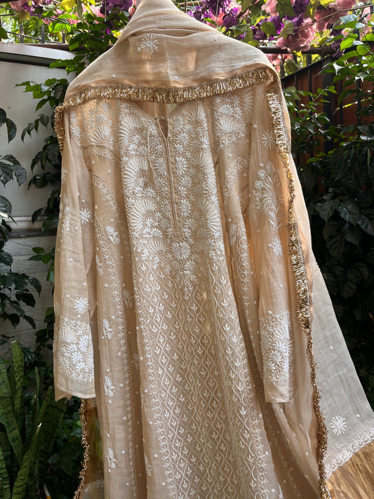 Golden Tissue Anarkali with Hand Chikankari & Embroidered Detailing with Tissue Dupatta (Set of 3) (Stitched)