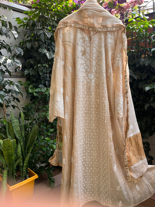 Golden Tissue Anarkali with Hand Chikankari & Embroidered Detailing with Tissue Dupatta (Set of 3) (Stitched)