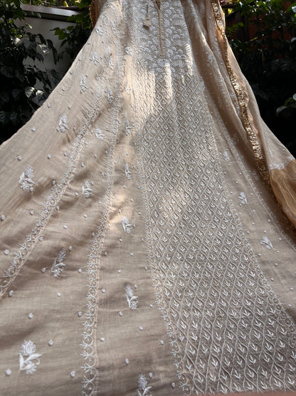 Golden Tissue Anarkali with Hand Chikankari & Embroidered Detailing with Tissue Dupatta (Set of 3) (Stitched)