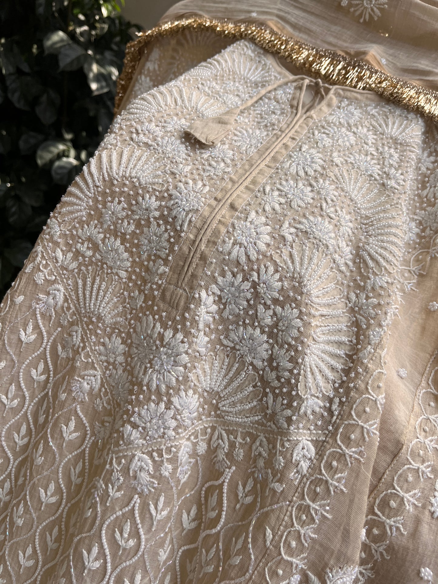Golden Tissue Anarkali with Hand Chikankari & Embroidered Detailing with Tissue Dupatta (Set of 3) (Stitched)