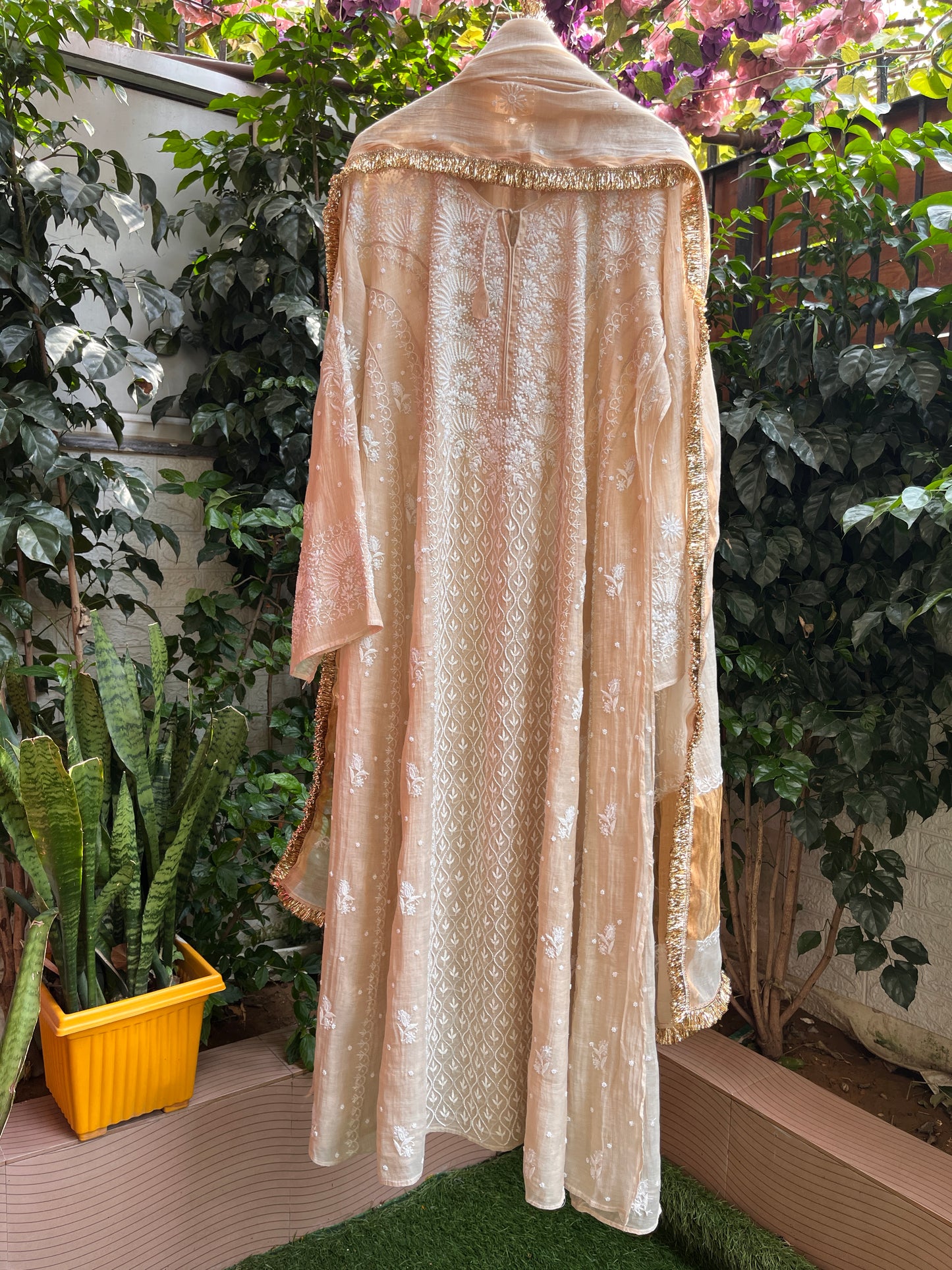 Golden Tissue Anarkali with Hand Chikankari & Embroidered Detailing with Tissue Dupatta (Set of 3) (Stitched)