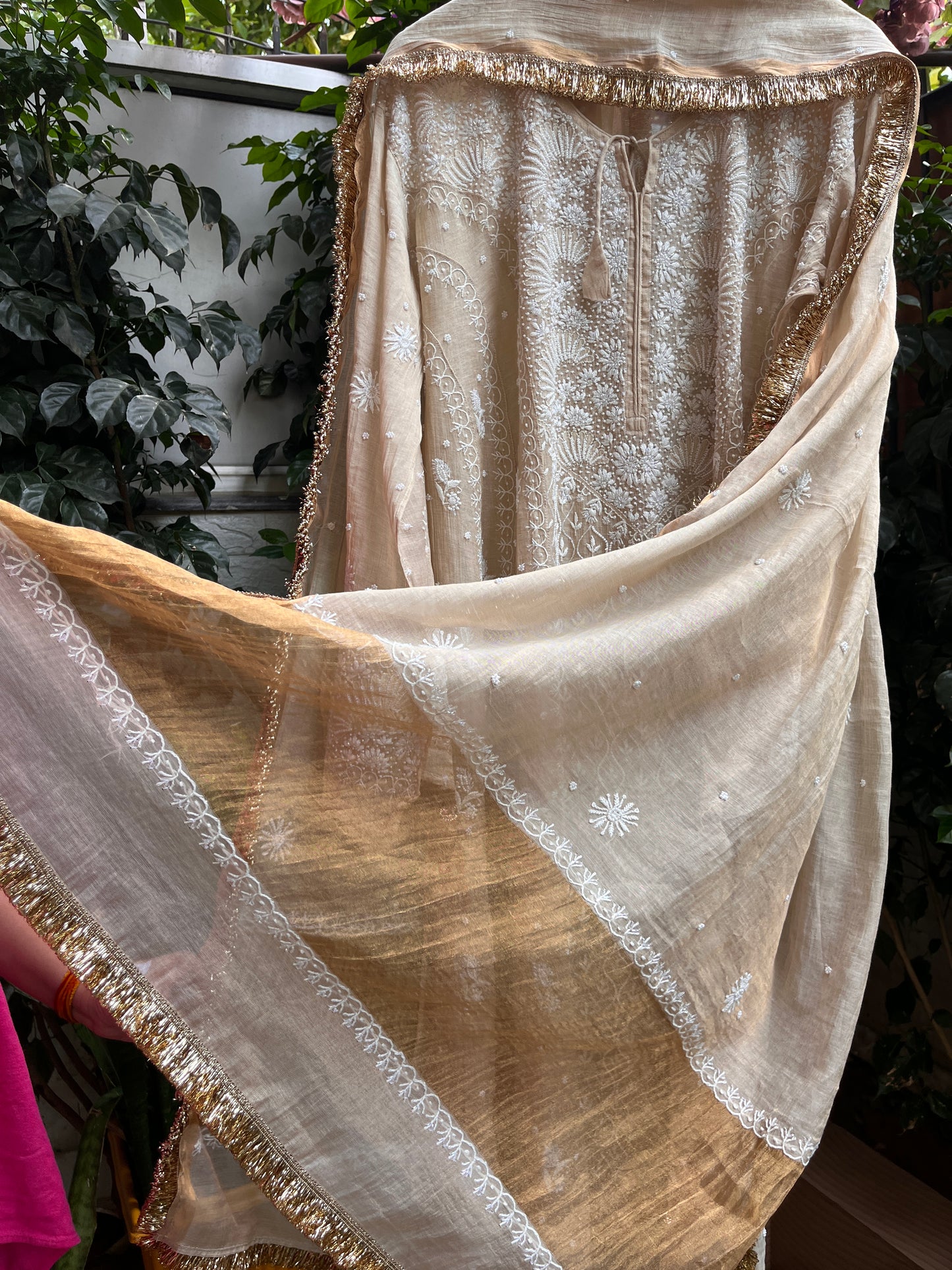 Golden Tissue Anarkali with Hand Chikankari & Embroidered Detailing with Tissue Dupatta (Set of 3) (Stitched)