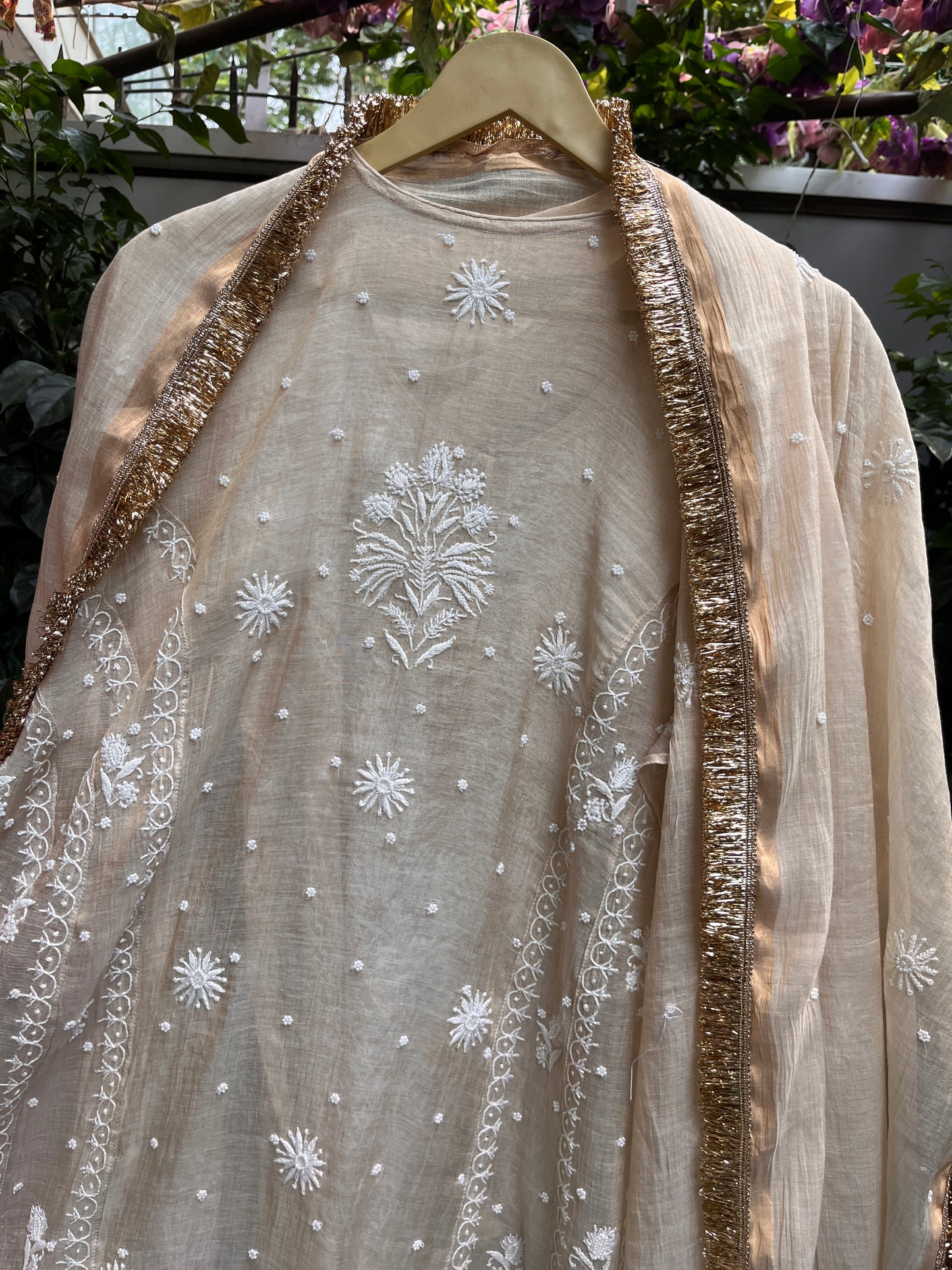 Golden Tissue Anarkali with Hand Chikankari & Embroidered Detailing with Tissue Dupatta (Set of 3) (Stitched)