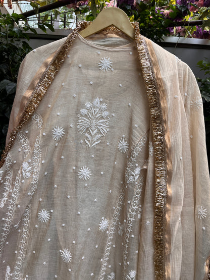 Golden Tissue Anarkali with Hand Chikankari & Embroidered Detailing with Tissue Dupatta (Set of 3) (Stitched)