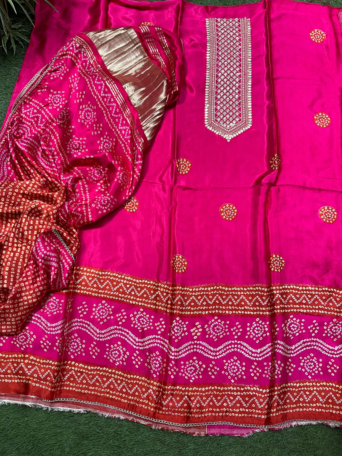 Modal Satin Suit Set with Ajrak Print & Gotta Work Neckline with Coordinated Dupatta (Set of 3) (Semi-Stitched)