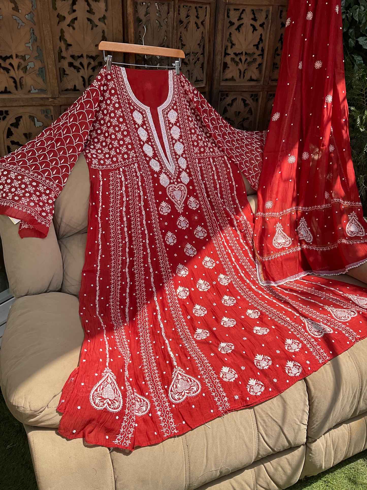 Mulmul Anarkali Suit Set with Heavy Embbroidered Yoke & Intricate Kali Work with Statement Sleeves (Set of 3) (Stitched)