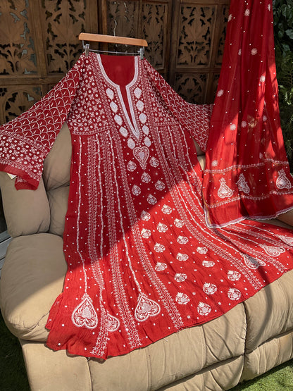 Mulmul Anarkali Suit Set with Heavy Embbroidered Yoke & Intricate Kali Work with Statement Sleeves (Set of 3) (Stitched)