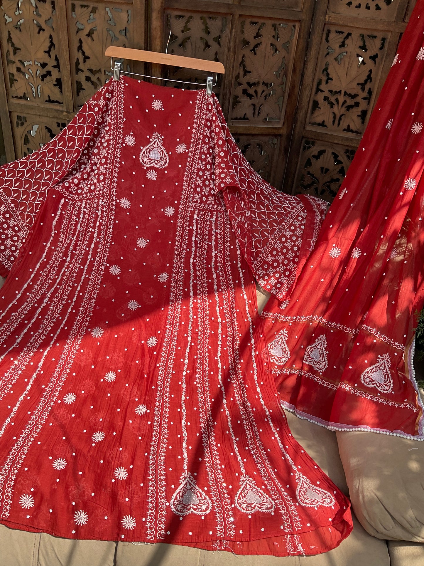 Mulmul Anarkali Suit Set with Heavy Embbroidered Yoke & Intricate Kali Work with Statement Sleeves (Set of 3) (Stitched)