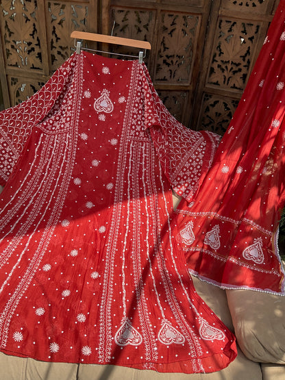 Mulmul Anarkali Suit Set with Heavy Embbroidered Yoke & Intricate Kali Work with Statement Sleeves (Set of 3) (Stitched)