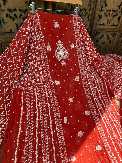 Mulmul Anarkali Suit Set with Heavy Embbroidered Yoke & Intricate Kali Work with Statement Sleeves (Set of 3) (Stitched)