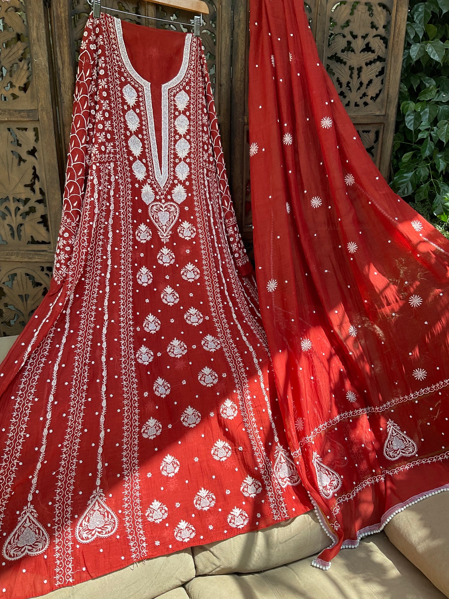 Mulmul Anarkali Suit Set with Heavy Embbroidered Yoke & Intricate Kali Work with Statement Sleeves (Set of 3) (Stitched)