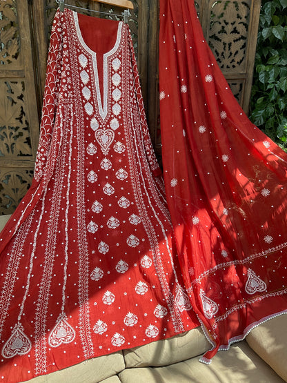 Mulmul Anarkali Suit Set with Heavy Embbroidered Yoke & Intricate Kali Work with Statement Sleeves (Set of 3) (Stitched)