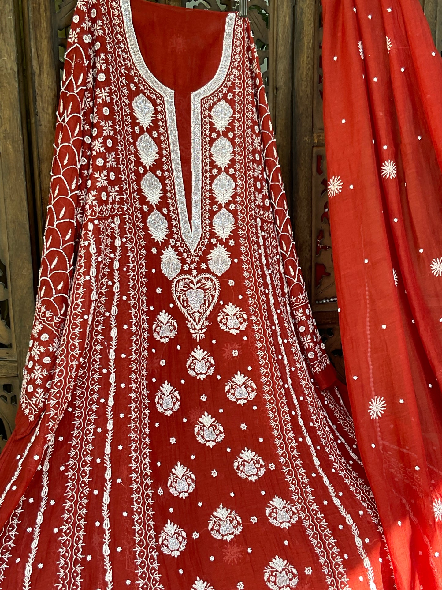 Mulmul Anarkali Suit Set with Heavy Embbroidered Yoke & Intricate Kali Work with Statement Sleeves (Set of 3) (Stitched)