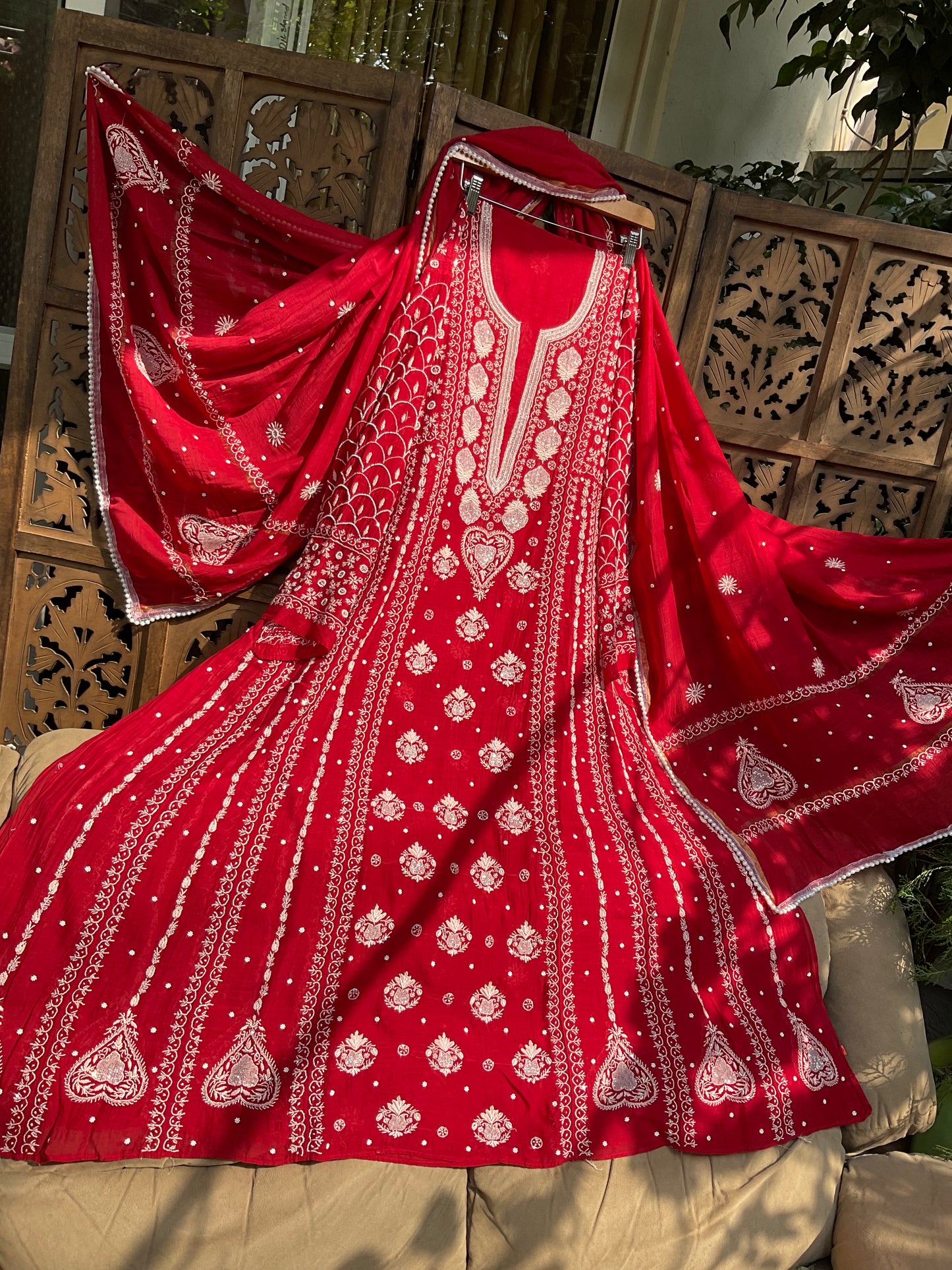 Mulmul Anarkali Suit Set with Heavy Embbroidered Yoke & Intricate Kali Work with Statement Sleeves (Set of 3) (Stitched)