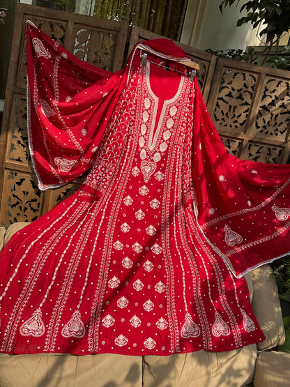 Mulmul Anarkali Suit Set with Heavy Embbroidered Yoke & Intricate Kali Work with Statement Sleeves (Set of 3) (Stitched)