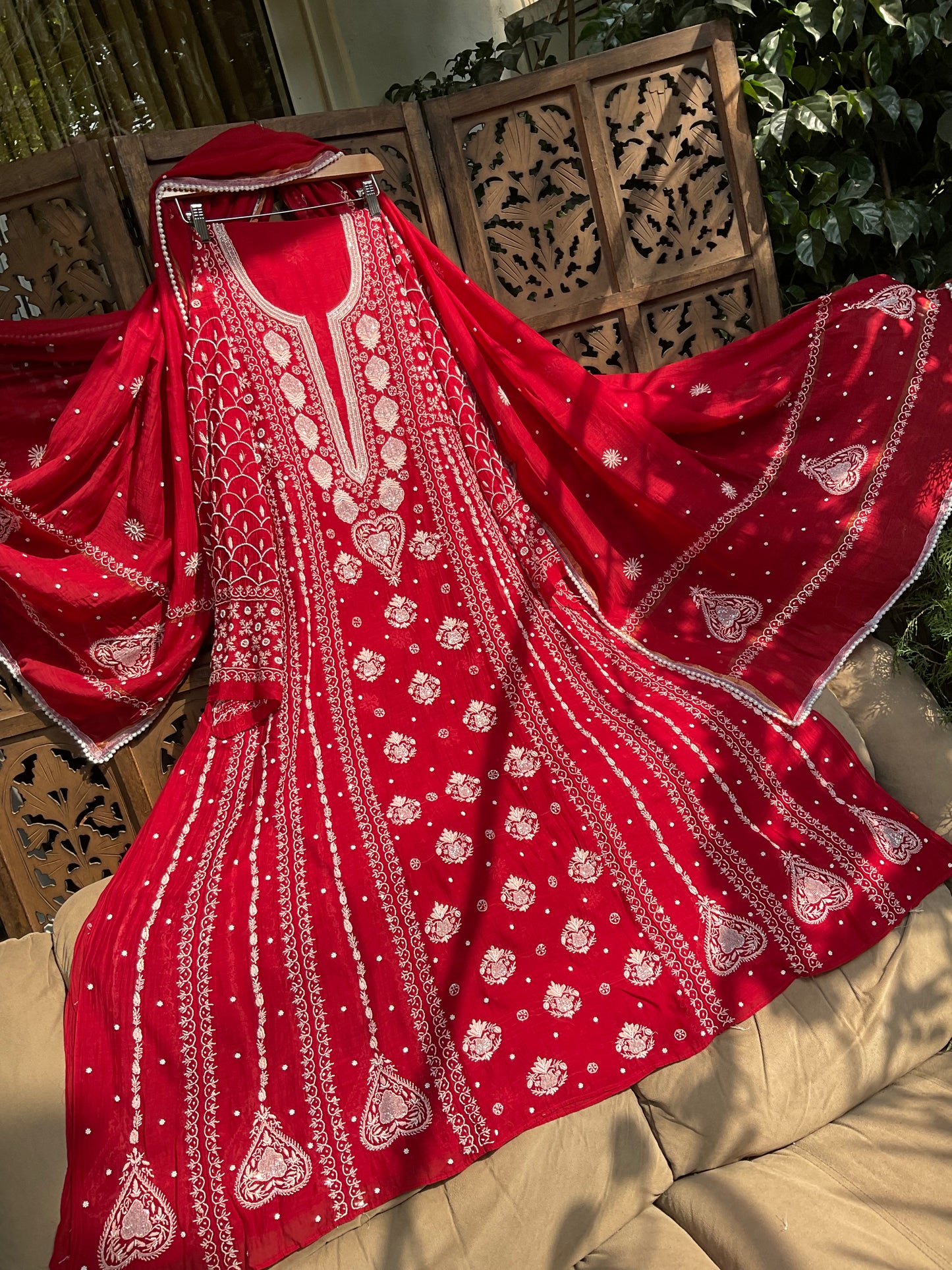 Mulmul Anarkali Suit Set with Heavy Embbroidered Yoke & Intricate Kali Work with Statement Sleeves (Set of 3) (Stitched)