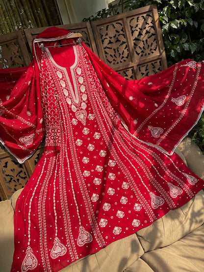 Mulmul Anarkali Suit Set with Heavy Embbroidered Yoke & Intricate Kali Work with Statement Sleeves (Set of 3) (Stitched)