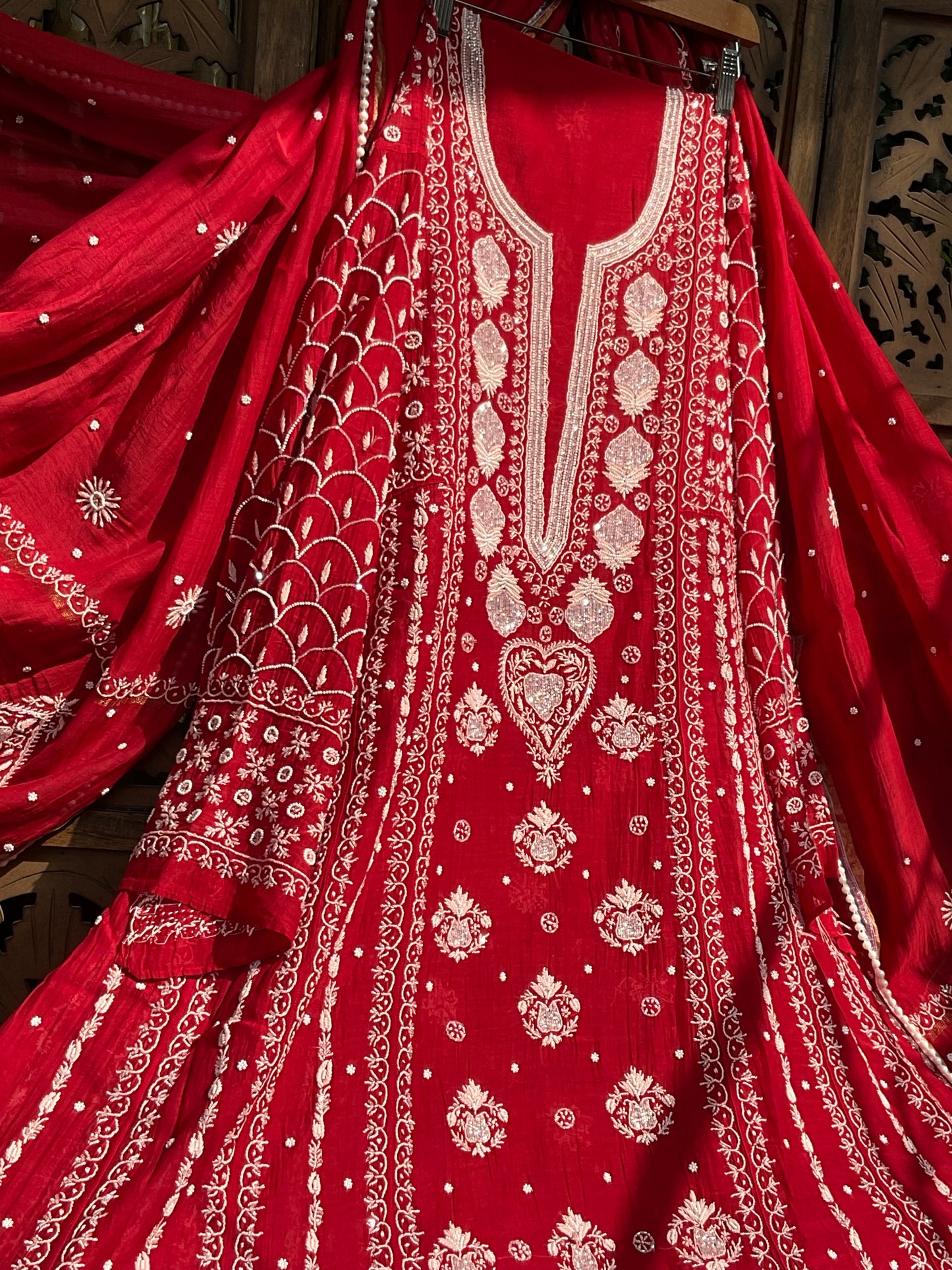 Mulmul Anarkali Suit Set with Heavy Embbroidered Yoke & Intricate Kali Work with Statement Sleeves (Set of 3) (Stitched)