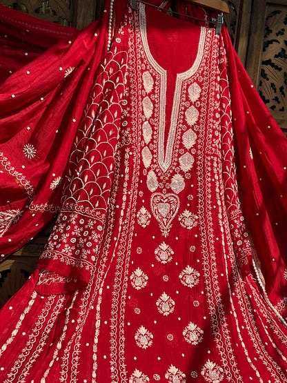 Mulmul Anarkali Suit Set with Heavy Embbroidered Yoke & Intricate Kali Work with Statement Sleeves (Set of 3) (Stitched)