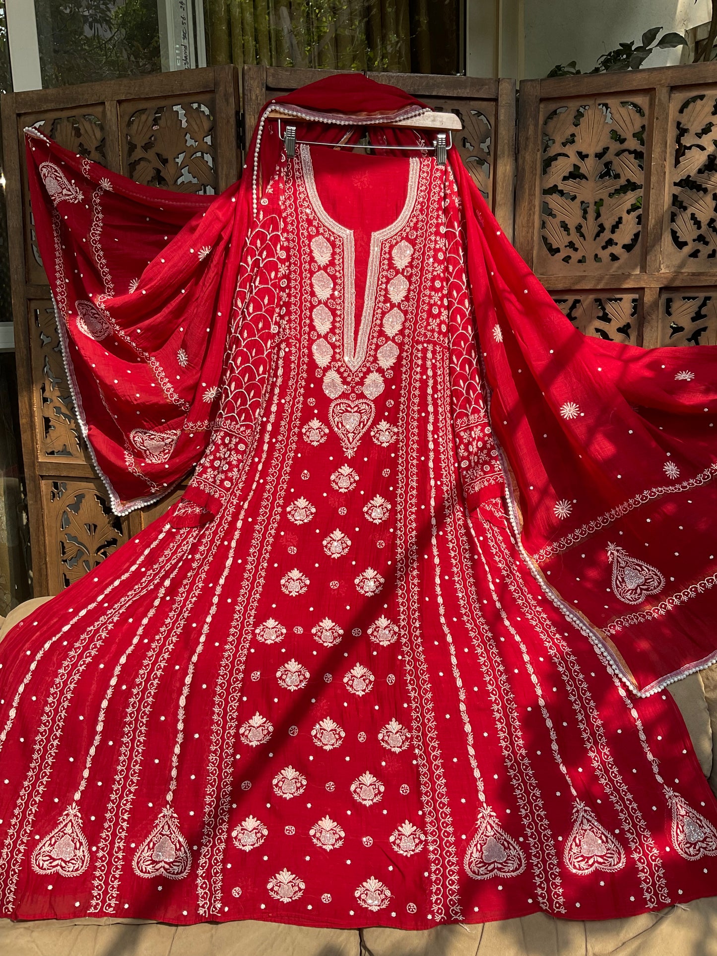 Mulmul Anarkali Suit Set with Heavy Embbroidered Yoke & Intricate Kali Work with Statement Sleeves (Set of 3) (Stitched)