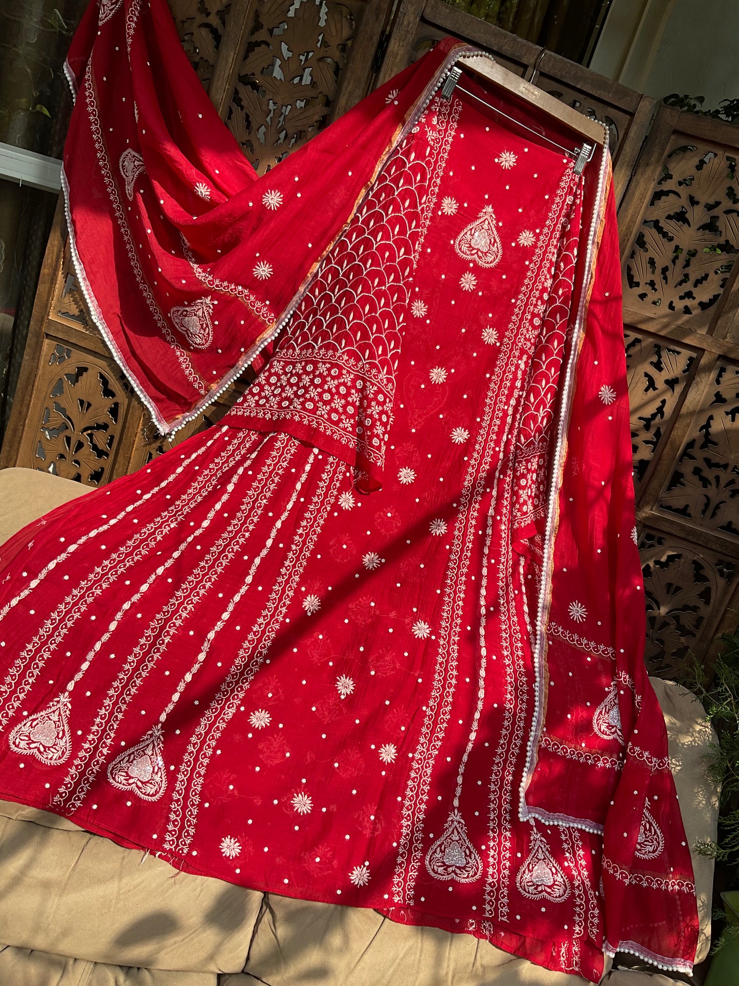 Mulmul Anarkali Suit Set with Heavy Embbroidered Yoke & Intricate Kali Work with Statement Sleeves (Set of 3) (Stitched)