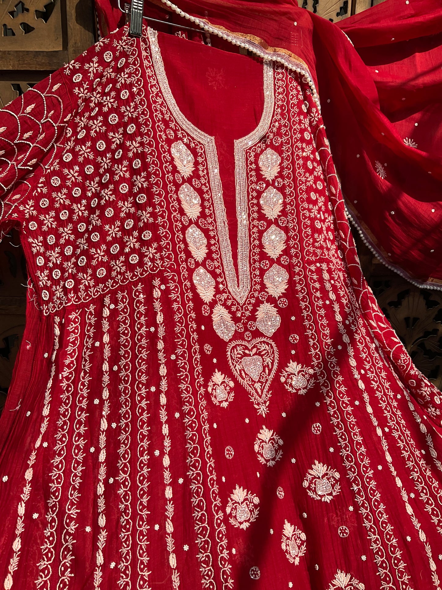 Mulmul Anarkali Suit Set with Heavy Embbroidered Yoke & Intricate Kali Work with Statement Sleeves (Set of 3) (Stitched)